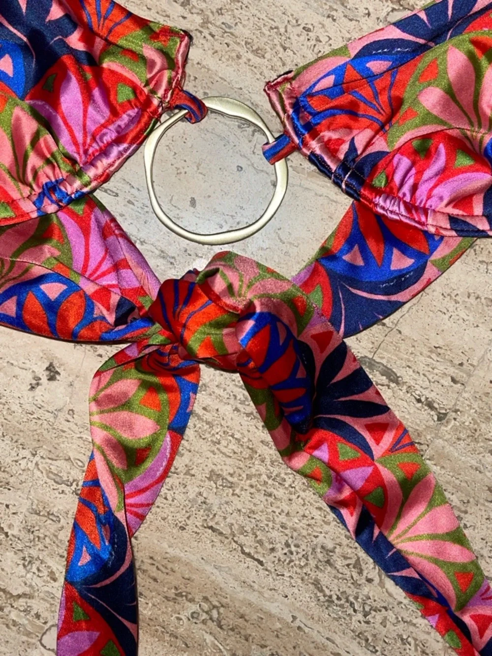 NUA SWIM Colorful Geometric Bikini Too Wire Cups with Matte Gold Ring Size Large